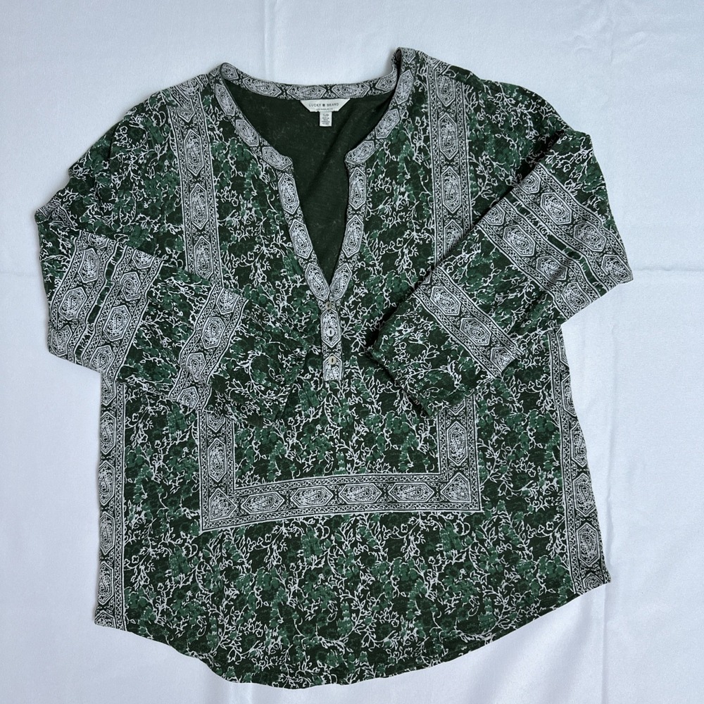 Lucky & Brand Blouse Women's Sz     S/P Green White Paisley Pattern